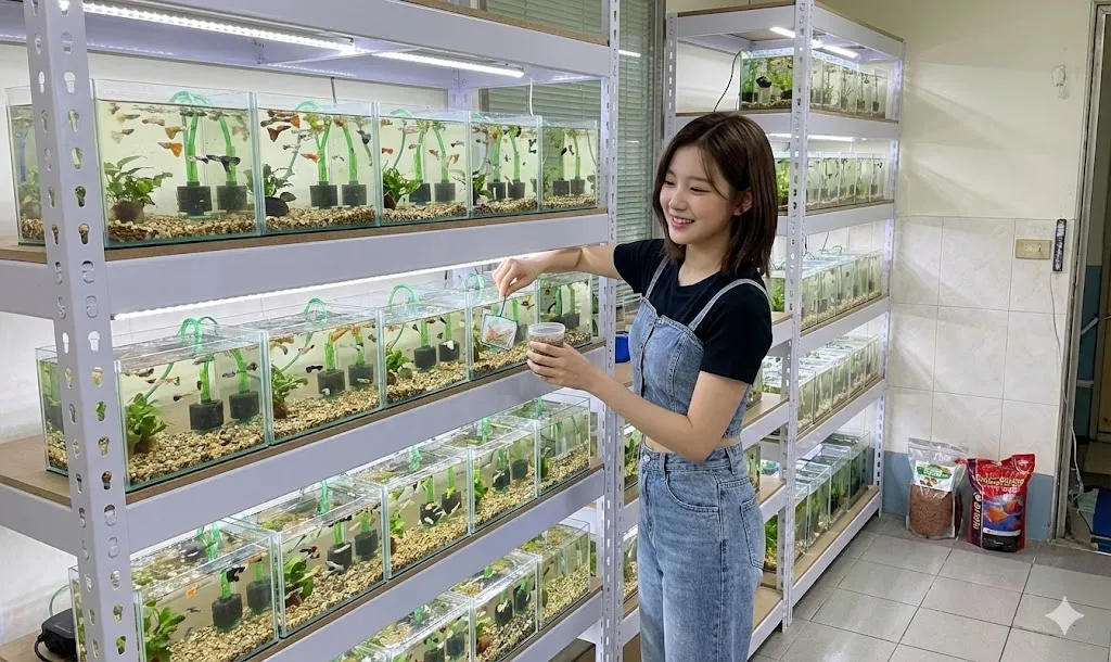 AI 優化情境示意：植栽展示與園藝層架，盆栽沿層架分層展示，配置前確認植物高度、日照與澆水位置。