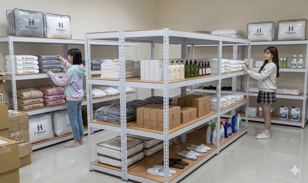 AI 優化情境示意：工作區箱裝物料架，箱裝物料和工作用品分類存放，詢問時可提供最大箱體尺寸與重量。