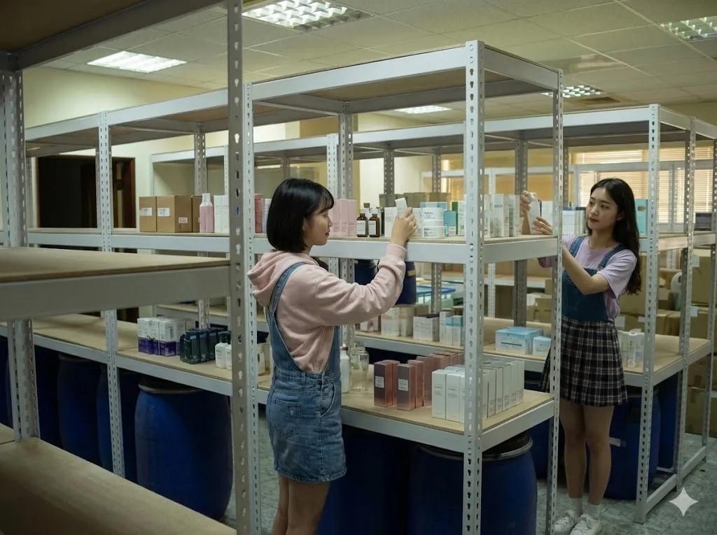 AI 優化情境示意：作業區零件與工具架，工作人員於層架間整理物料，清楚的分類位置有助日常取用與歸位。
