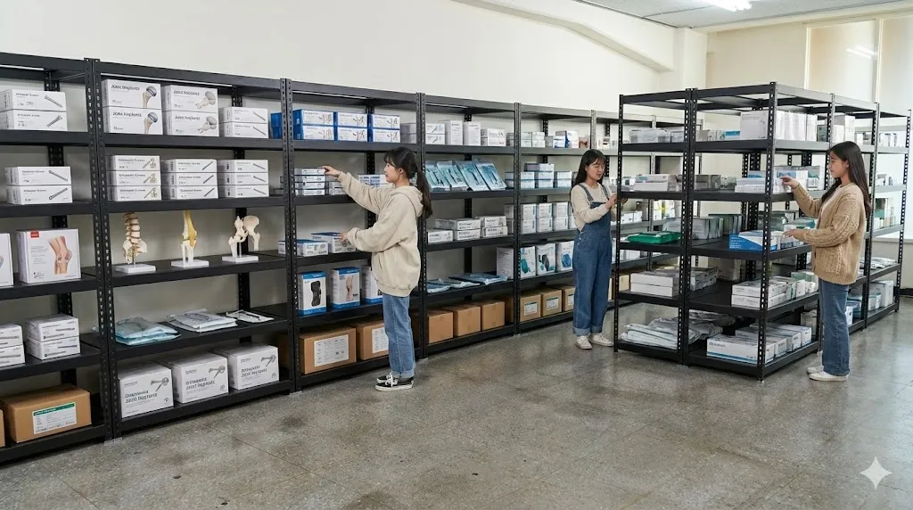AI 優化情境示意：倉庫小物料與工具架，小型箱盒、工具和耗材分區收納，按使用頻率標示位置更易查找。