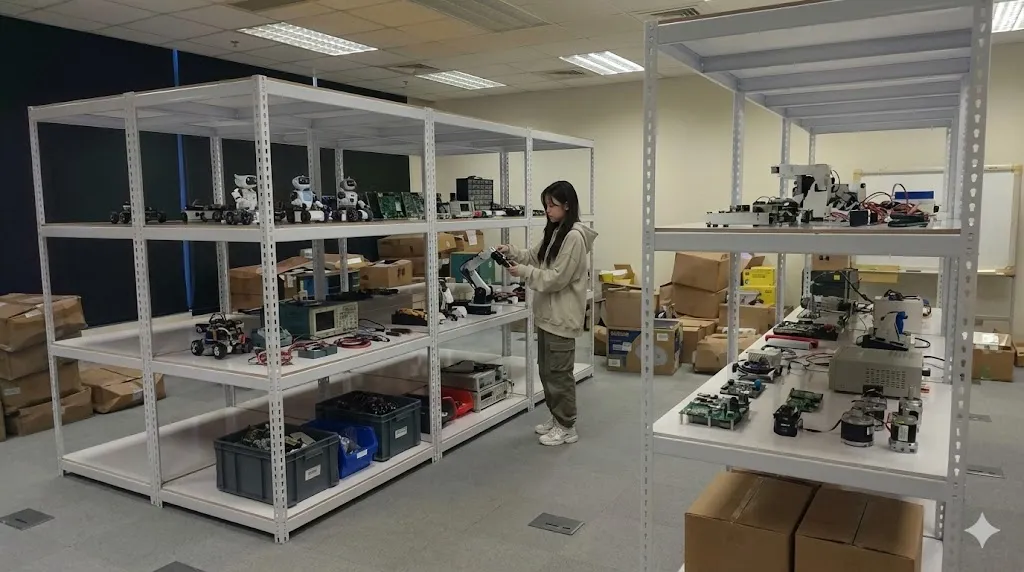 AI 優化情境示意：工作室物料分類架，工作室用品和小型物件分層整理，依使用順序安排取用與暫存位置。