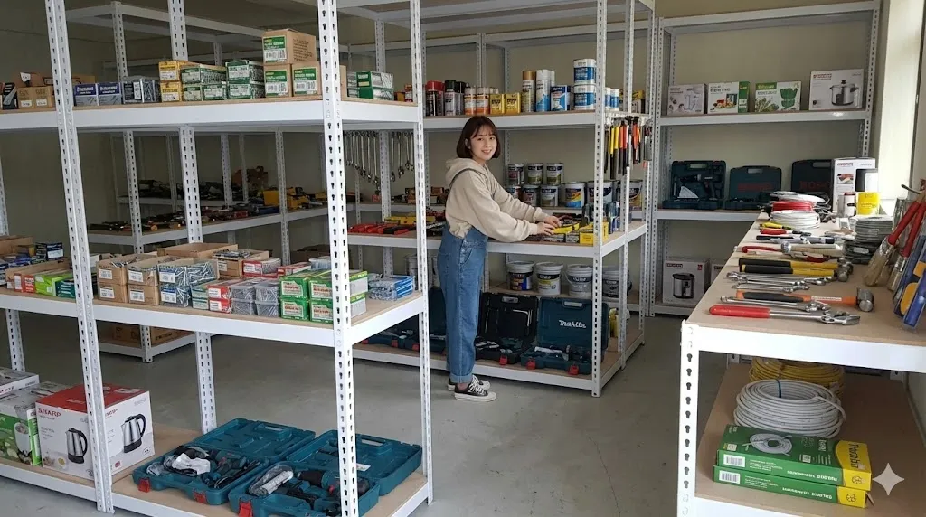 AI 優化情境示意：店面生活商品陳列架，商品和生活用品按類別陳列，讓展示面與後備庫存有清楚分區。
