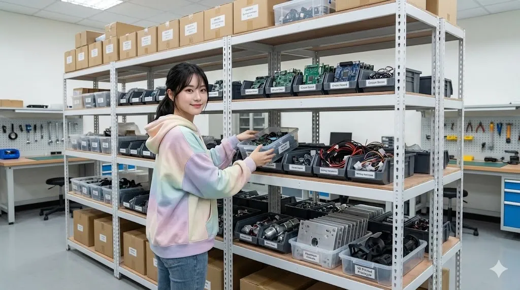 AI 優化情境示意：工作區金屬物料架，工具、耗材與箱裝物品分層存放，依工作流程將常用物品排在順手位置。