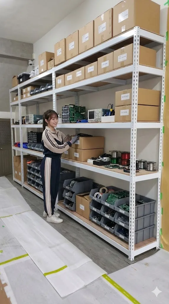 AI 優化情境示意：倉儲轉角與箱盒架，轉角層架收納箱盒與備品，可先盤點兩側可用空間再安排架體。