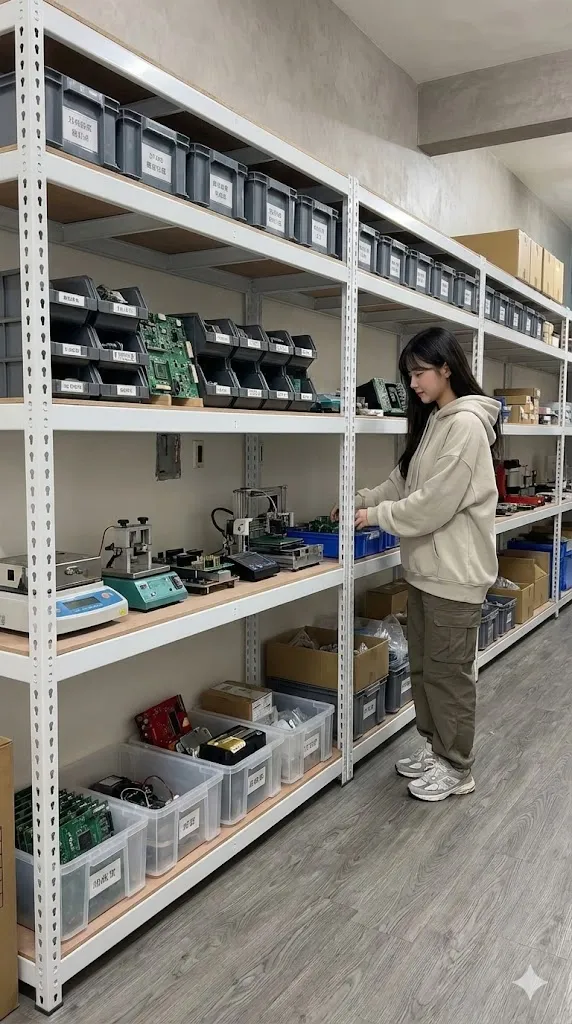 AI 優化情境示意：工作空間金屬層架，工作用品分層存放，將備料、操作和歸位區依流程安排會更好整理。