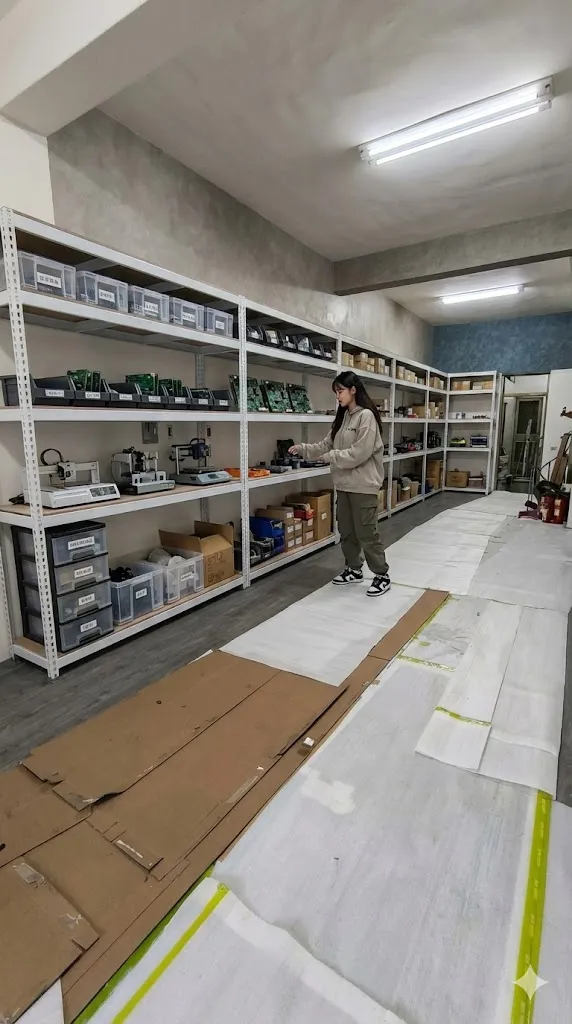 AI 優化情境示意：店面走道與陳列貨架，店內商品架沿走道排列，配置前先確認顧客轉身與取物的空間。