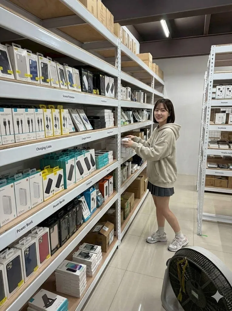AI 優化情境示意：商品分類與補貨層架，各類商品分層展示，依品類和周轉頻率安排陳列與備貨位置。