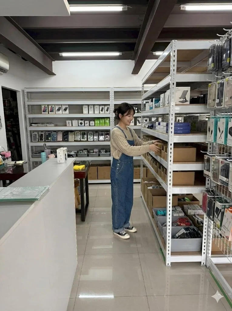 AI 優化情境示意：倉儲架間通行規劃，層架沿通道分列存放物料，規劃前可記錄通道、入口與搬運設備尺寸。