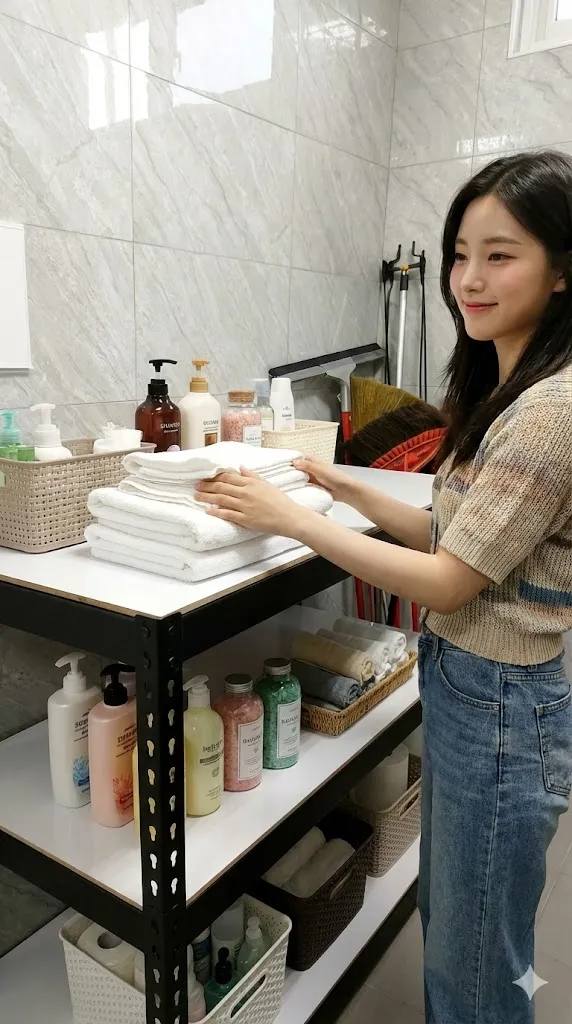 AI 優化情境示意：桌邊居家用品架，桌旁層架整理小型生活用品，先量桌面、牆面和椅子活動範圍。