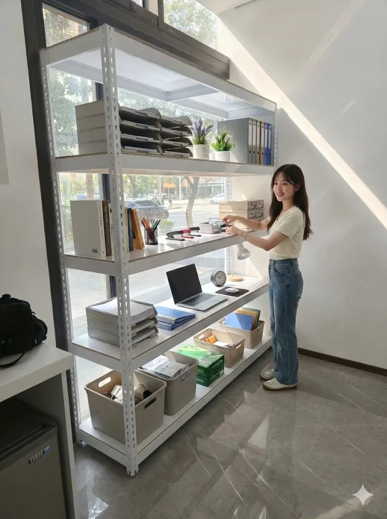 AI 優化情境示意：店面生活用品層架，家用品和零售商品分層展示，依商品包裝及顧客動線安排位置。