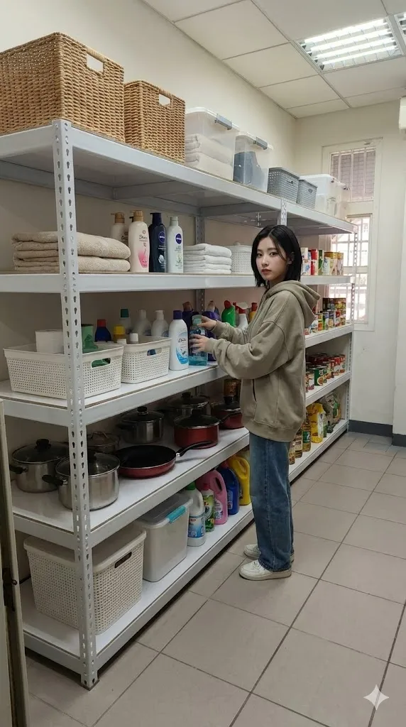 AI 優化情境示意：倉庫箱裝備品收納，箱盒和工作備品分層存放，可依品項標記位置以利補貨查找。