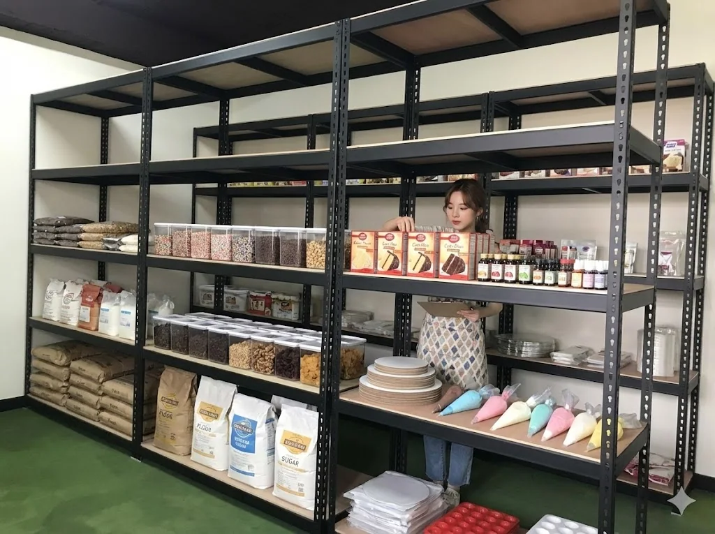 AI 優化情境示意：多用途金屬層架收納工作用品與備品